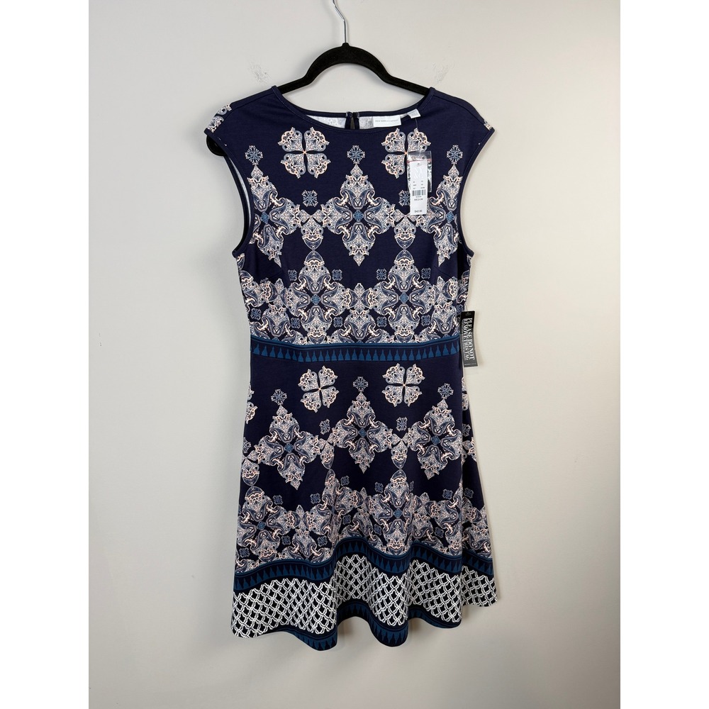 NEW New York & Company Dress Womens Medium Navy Blue Medallion Paisley Fit Flare